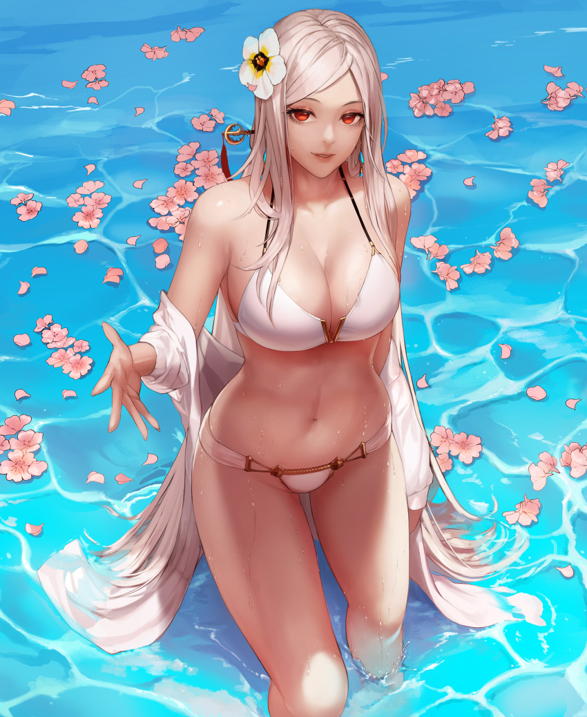 absurdres bare_shoulders bikini blonde_hair breasts caustics cleavage dungeon_and_fighter female female_slayer_(dungeon_and_fighter) flower hair_flower hair_ornament hairpin halterneck highres jacket large_breasts long_hair looking_at_viewer monaim navel off_shoulder petals petals_on_liquid pink_flower red_eyes solo standing swimsuit vagabond_(dungeon_and_fighter) very_long_hair wading water wet white_bikini white_flower white_jacket