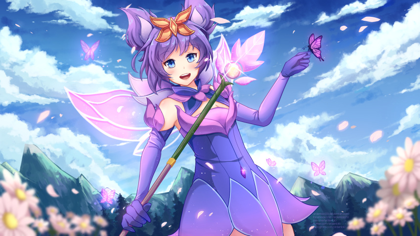 animal_ears ardenlolo blurry blurry_foreground blush breasts bug butterfly butterfly_on_hand cloud cloudy_sky commentary commission day detached_sleeves deviantart_username dress dutch_angle elementalist english_commentary facebook_username female flower gloves happy highres holding holding_staff instagram_username league_of_legends looking_at_viewer lux_(league_of_legends) mountain mystic_elementalist_lux outdoors pixiv_username purple_eyes purple_gloves short_hair sky sleeveless sleeveless_dress small_breasts solo staff teeth tree twitter_username upper_teeth_only watermark web_address white_flower wings