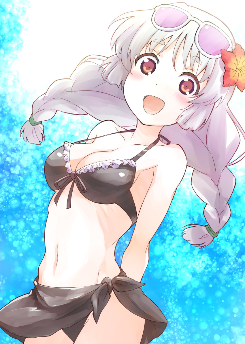 :d absurdres arms_behind_back bare_shoulders bikini bikini_top_only black_bikini black_sarong blush braid breasts brown_eyes cleavage collarbone commentary eyewear_on_head female flower frilled_bikini frills front-tie_top groin hair_flower hair_ornament hair_tie highres inou-battle_wa_nichijou-kei_no_naka_de kushikawa_hatoko long_hair looking_at_viewer medium_breasts navel nyama open_mouth pink-tinted_eyewear red_eyes red_flower sarong short_eyebrows smile solo sunglasses swimsuit thick_eyebrows tinted_eyewear twin_braids white-framed_eyewear white_hair