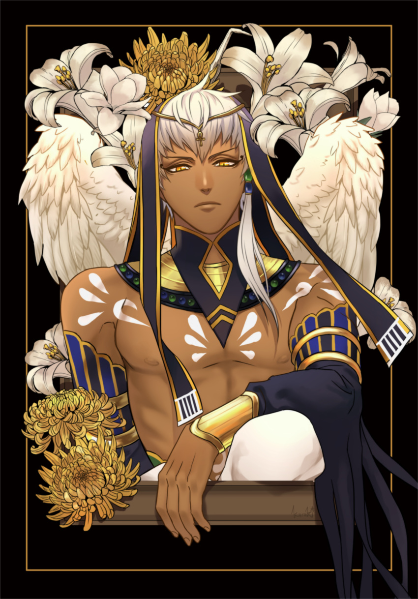 1boy absurdres artist_name black_background commentary_request dark-skinned_male dark_skin feathered_wings flower frown highres jewelry kamigami_no_asobi kurokiseow looking_at_viewer male_focus pectorals simple_background solo tattoo thoth_caduceus tiara topless_male upper_body white_hair wings yellow_eyes