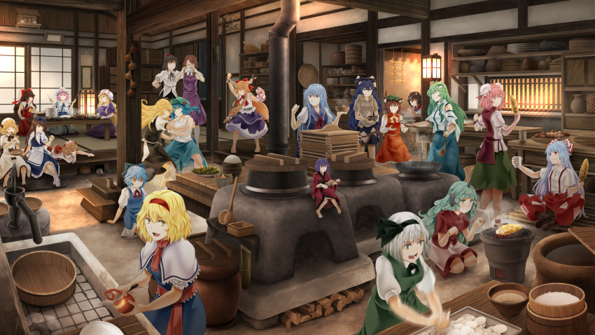 6+girls @_@ alice_margatroid andon_(lighting) architecture arkatopia arm_up arms_up ascot baking_sheet barefoot black_hair black_skirt black_vest blonde_hair blue_dress blue_eyes blue_hair bowl brown_hair bucket cellphone chen chopsticks cirno closed_eyes clownpiece commentary_request cooking corn cup curly_hair double_bun dress east_asian_architecture eating firewood food frog_hair_ornament fujiwara_no_mokou glasses gourd green_hair green_skirt grey_hair grill grilling grin hair_between_eyes hair_bobbles hair_bun hair_ornament hairband hakurei_reimu hand_pump hat headdress highres holding holding_bowl holding_chopsticks holding_cup holding_food holding_phone horn_ornament horn_ribbon horns ibaraki_kasen ibuki_suika indian_style japanese_clothes kamado kamishirasawa_keine kawashiro_nitori kijin_seija kimono kirisame_marisa kitchen kochiya_sanae komano_aunn konpaku_youmu ladle long_hair looking_at_another looking_at_viewer luna_child lying masu mini_person minigirl mob_cap mochi motion_blur multiple_girls no_headwear on_stomach onion open_mouth orange_hair paw_pose peeling phone pinafore_dress pink_hair plaid plaid_skirt plaid_vest plate puffy_short_sleeves puffy_sleeves pump red_eyes red_skirt red_vest ribbon rice saigyouji_yuyuko school_uniform seiza semi-rimless_eyewear shameimaru_aya shelf shichirin shirt short_hair short_sleeves sink sitting skirt skirt_set sleeveless sleeveless_dress sleeveless_shirt smartphone smile snake_hair_ornament standing star_sapphire stove sukuna_shinmyoumaru sunny_milk table taking_picture tokin_hat touhou triangular_headpiece twintails under-rim_eyewear usami_sumireko very_long_hair vest water_pump white_legwear wrestling yakitori yakumo_yukari yellow_ascot yellow_eyes yorigami_shion