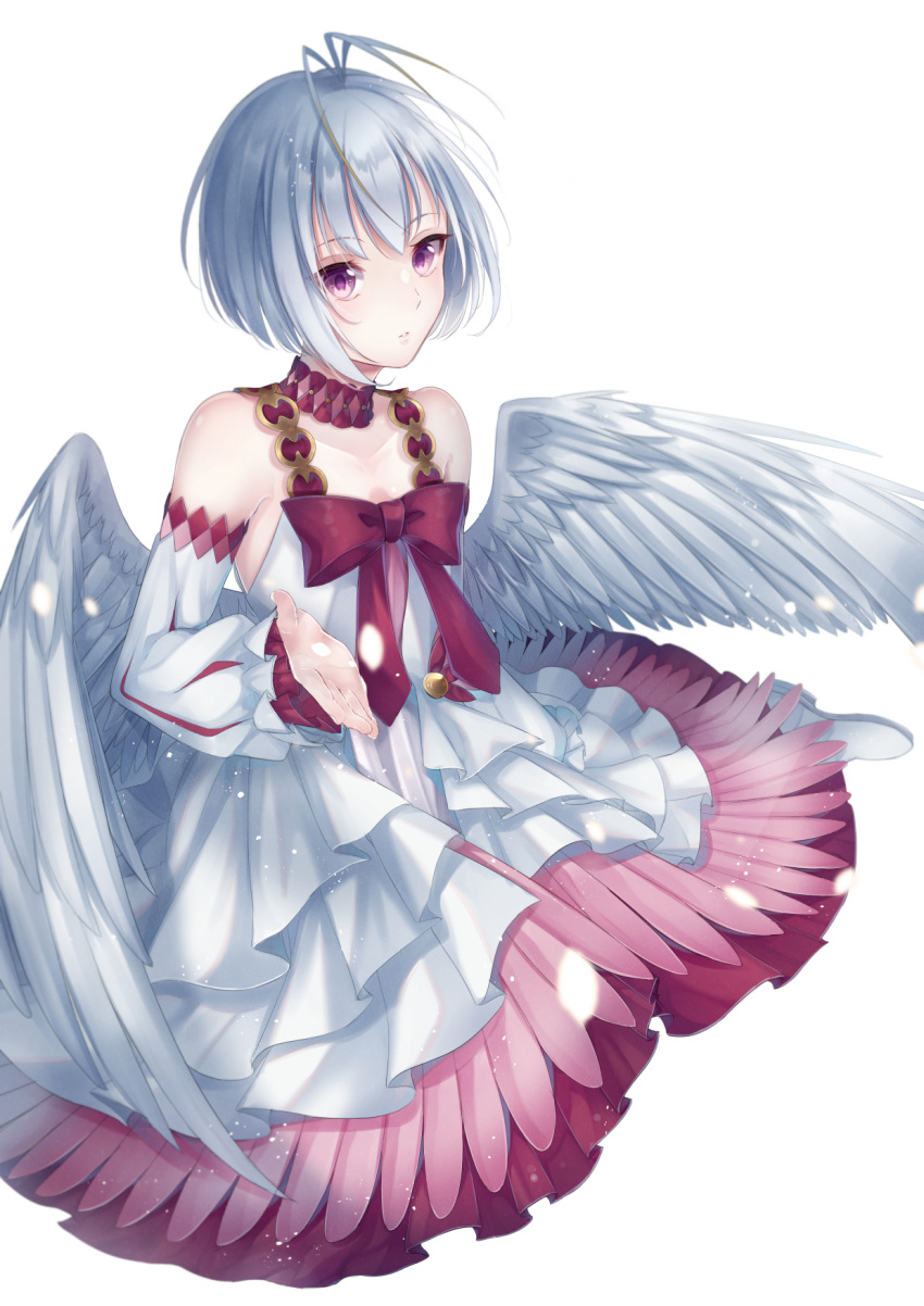 ahoge bad_id bad_pixiv_id bird_wings breasts choker cleavage collarbone commentary_request detached_sleeves dress feathered_wings female fitoria_(tate_no_yuusha_no_nariagari) grey_hair highres layered_dress long_dress long_sleeves nt_xiki parted_lips pink_eyes short_hair simple_background sitting sleeveless sleeveless_dress small_breasts solo tate_no_yuusha_no_nariagari white_background white_dress white_footwear white_sleeves white_wings wings