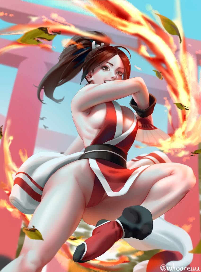 absurdres armpits black_footwear blue_sky breasts brown_eyes brown_hair cleavage commentary english_commentary fatal_fury female fire folding_fan hand_fan high_ponytail highres japanese_clothes large_breasts ninja open_mouth pelvic_curtain ponytail pyrokinesis revealing_clothes shiranui_mai sky solo the_king_of_fighters thighs thong torii whoareuu