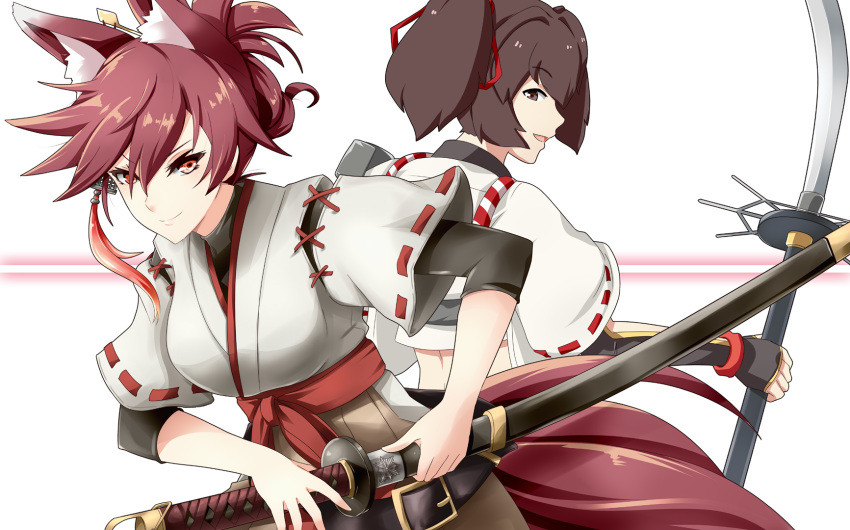 2girls animal_ears azur_lane back-to-back brown_eyes brown_hair brown_hakama commentary_request cosplay crossover detached_sleeves fox_ears fox_tail gudon_(iukhzl) hair_ribbon hakama hakama_skirt highres historical_name_connection ise_(azur_lane) ise_(kancolle) ise_(kancolle)_(cosplay) japanese_clothes kantai_collection katana long_hair multiple_girls naginata name_connection photoshop_(medium) polearm ponytail ribbon sheath short_hair skirt sword tail undershirt weapon white_background