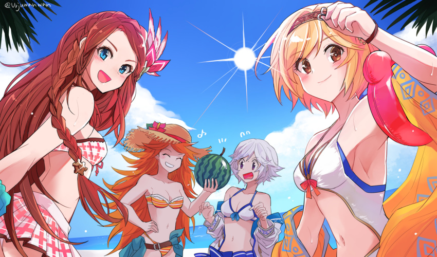 4girls absurdres arm_up armpits ass bare_shoulders beach belt belt_buckle bikini blonde_hair blue_eyes blue_scrunchie blue_sky blush braid brown_eyes brown_hair buckle carren_(granblue_fantasy) closed_eyes cloud cloudy_sky collarbone commentary_request day djeeta_(granblue_fantasy) djeeta_(summer)_(granblue_fantasy) farrah_(granblue_fantasy) food front-tie_bikini_top front-tie_top fruit granblue_fantasy grin hair_ornament hand_on_own_hip hands_up hat highres holding holding_food holding_fruit holding_watermelon lips looking_at_viewer mary_(granblue_fantasy) multicolored_bikini multicolored_clothes multiple_girls navel ocean off_shoulder official_alternate_costume one-piece_swimsuit open_mouth orange_bikini orange_hair outdoors outstretched_arm palm_tree pink_bikini plaid plaid_skirt sarong scrunchie short_hair side_braid skirt sky smile strapless strapless_bikini straw_hat sun surprised swept_bangs swimsuit tree two-tone_bikini urjuwanwan water watermelon wet white_background white_bikini white_hair wrist_scrunchie