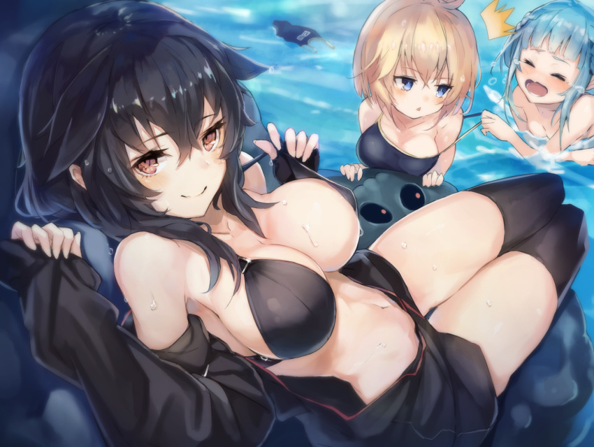 3girls bare_shoulders bikini black_bikini black_hair black_jacket black_legwear blonde_hair blue_eyes blue_hair breasts brown_eyes cenote_(sennen_sensou_aigis) cleavage closed_eyes closed_mouth collarbone commentary_request cruel_gz jacket large_breasts long_hair long_sleeves looking_at_viewer multiple_girls navel notice_lines off_shoulder one-piece_swimsuit open_mouth parted_lips paula_(sennen_sensou_aigis) rita_(sennen_sensou_aigis) school_swimsuit sennen_sensou_aigis sidelocks smile strap_pull swimsuit thighhighs thighs unworn_swimsuit water