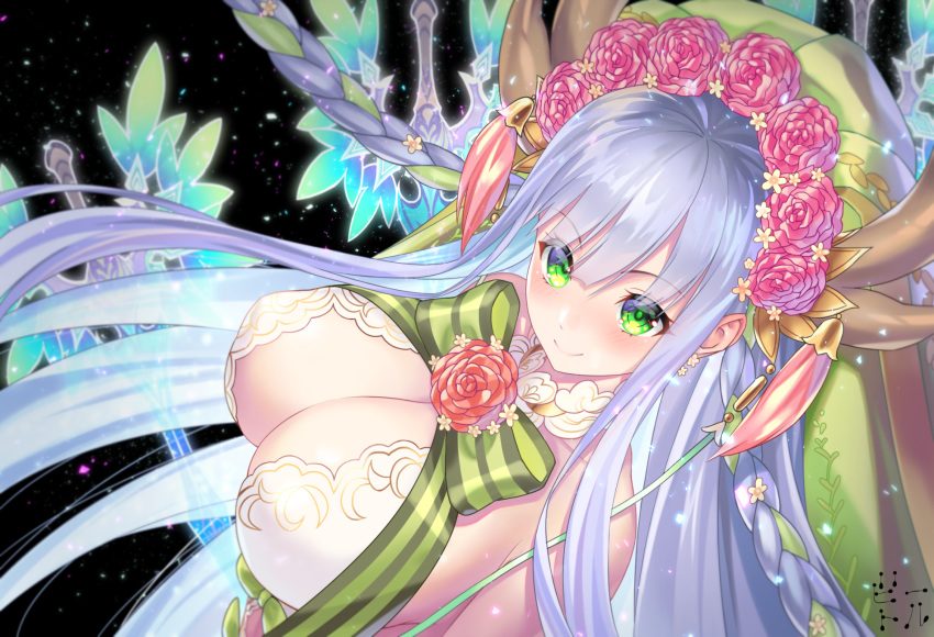 bettle_(b_s_a_n) black_background blue_hair bow braid breasts cleavage commentary_request diera_(sennen_sensou_aigis) earrings female flower green_bow green_eyes hair_flower hair_ornament hair_ribbon highres horns jewelry large_breasts light_blue_hair long_hair looking_at_viewer ribbon ribbon_braid sennen_sensou_aigis simple_background smile solo upper_body very_long_hair