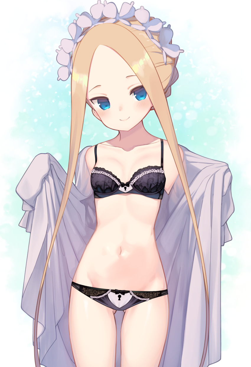 abigail_williams_(fate) alternate_costume ass_visible_through_thighs bad_id bad_pixiv_id bell_(oppore_coppore) black_bra black_panties blonde_hair blue_eyes blush bra breasts closed_mouth collarbone commentary_request fate/grand_order fate_(series) female forehead groin highres holding lace lace-trimmed_bra lace-trimmed_panties lace_trim long_hair looking_at_viewer maid_headdress navel open_clothes panties simple_background small_breasts smile solo standing underwear very_long_hair