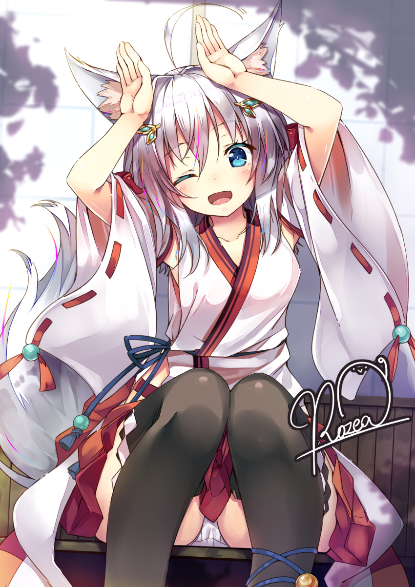 animal_ears black_legwear blue_eyes blush breasts clothes_between_thighs commentary_request detached_sleeves female fox_ears fox_tail grey_hair hakama hakama_skirt hands_up highres japanese_clothes looking_at_viewer medium_breasts nontraditional_miko one_eye_closed outdoors panties rozea_(graphmelt) shiro_(tenkiame) shrine skirt solo tail tenkiame thighhighs underwear upskirt wide_sleeves