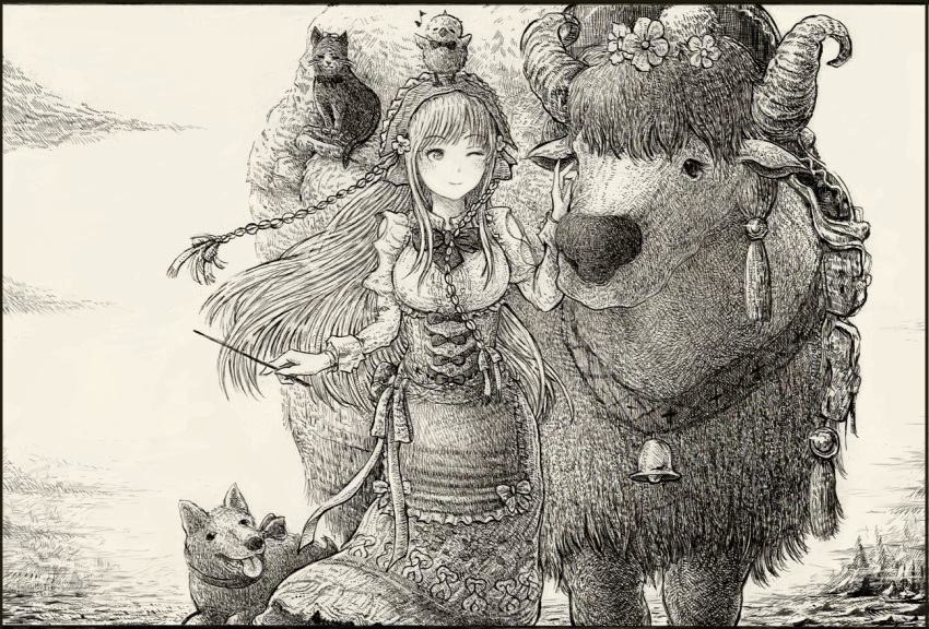 aged_down animal animal_on_head bell bird bird_on_head braid bull canine chick commentary_request coyubi diera_(sennen_sensou_aigis) dress feline female greyscale long_hair long_sleeves monochrome on_head one_eye_closed outdoors sennen_sensou_aigis standing twin_braids very_long_hair