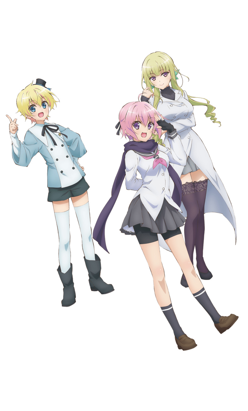 1boy 2girls :3 arm_behind_back arm_under_breasts bike_shorts black_footwear black_gloves black_headwear black_legwear black_ribbon blonde_hair blue_eyes blue_ribbon blunt_bangs boots breast_hold breasts brown_footwear buttons cardigan choujin_koukousei-tachi_wa_isekai_demo_yoyuu_de_ikinuku_you_desu! closed_mouth coat double-breasted drill_hair fingerless_gloves floral_print from_side full_body gloves green_hair green_ribbons grey_sailor_collar grey_skirt hair_between_eyes hair_ornament hair_over_shoulder hair_ribbon half_updo hand_on_own_hip hand_up happy hat hat_ribbon highres index_finger_raised kanzaki_keine lace lace-trimmed_legwear lace_trim large_breasts legs_apart legs_together light_smile loafers long_hair long_sleeves looking_at_viewer low_twintails medium_breasts mini_hat mini_top_hat miniskirt multiple_girls neckerchief official_art open_mouth petticoat pink_hair pink_neckerchief pleated_skirt prince_akatsuki purple_eyes purple_legwear purple_scarf ribbon rose_print sailor_collar sarutobi_shinobu scarf school_uniform serafuku shoes short_hair short_shorts shorts shorts_under_skirt sidelocks skirt sleeves_past_wrists smile socks standing star_(symbol) thighhighs top_hat transparent_background turtleneck twintails waving white_coat white_legwear wide_sleeves wing_collar yano_akane zettai_ryouiki