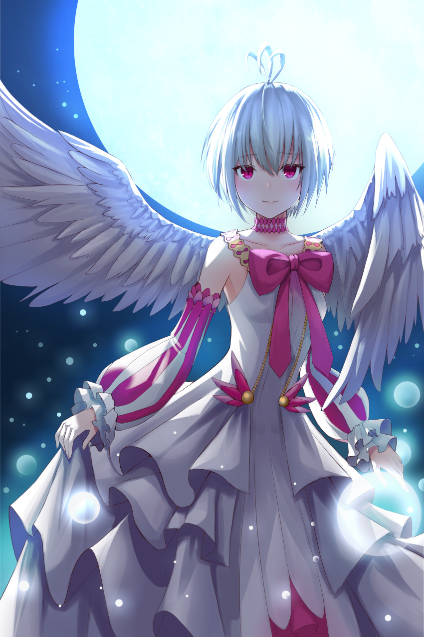 absurdres antenna_hair bad_id bad_pixiv_id bird_wings choker closed_mouth collarbone detached_sleeves dress feathered_wings female fitoria_(tate_no_yuusha_no_nariagari) full_moon highres layered_dress long_dress long_sleeves looking_at_viewer moon night outdoors red_eyes short_hair sleeveless sleeveless_dress smile solo standing striped_sleeves tate_no_yuusha_no_nariagari user_yfus3355 white_dress white_hair white_wings wings