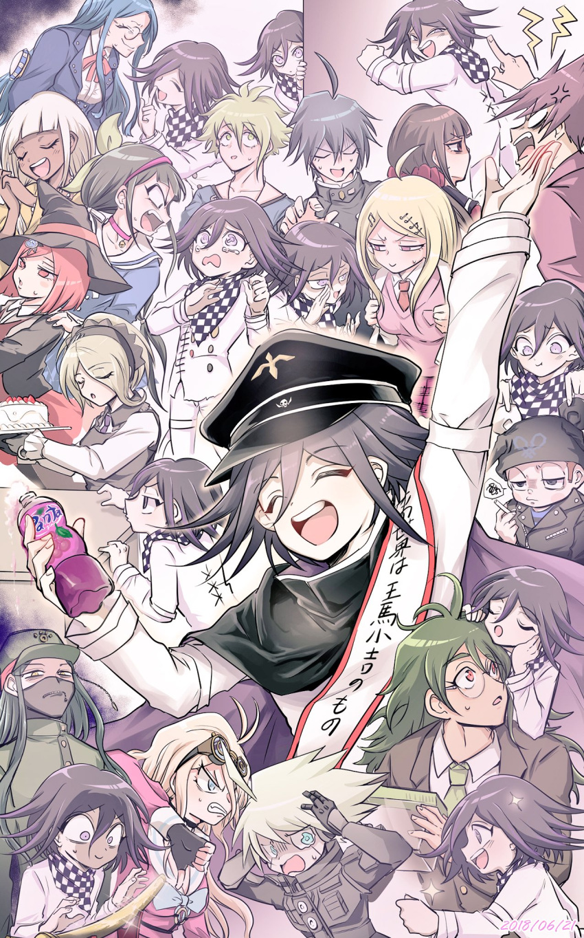 6+boys 6+girls :d ahoge akamatsu_kaede amami_rantaro android anger_vein annoyed antenna_hair arm_up armor backpack bag black_cape black_hair blonde_hair bottle breasts brown_hair cape chabashira_tenko checkered_clothes checkered_scarf choker clenched_teeth closed_mouth collared_shirt crying crying_with_eyes_open danganronpa_(series) danganronpa_v3:_killing_harmony fanta glasses goggles goggles_on_head gokuhara_gonta green_hair green_headwear hair_between_eyes hair_ornament hair_scrunchie hand_up harukawa_maki hat highres holding holding_bottle holding_cape holding_clothes hoshi_ryoma iruma_miu jacket k1-b0 large_breasts long_hair long_sleeves mask momota_kaito mouth_mask multiple_boys multiple_girls multiple_views musical_note musical_note_hair_ornament oma_kokichi open_mouth peaked_cap pink_cape pink_choker pink_shirt pink_sweater_vest pointing power_armor red_hair red_scrunchie round_eyewear saihara_shuichi scarf scrunchie shachoo_(poco_poco) shinguji_korekiyo shirogane_tsumugi shirt short_hair skirt smile sparkle speech_bubble sweat sweater_vest table tears teeth thumbs_down tojo_kirumi translation_request two-tone_cape upper_body upper_teeth_only v-shaped_eyebrows weapon white_jacket white_shirt yonaga_angie yumeno_himiko