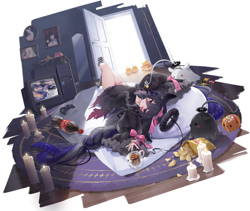 azur_lane black_dress black_hair brand_name_imitation candle candy character_name chips_(food) controller dress drink female food game_controller hair_between_eyes hair_ribbon highres indoors lace leg_up lollipop long_hair looking_at_viewer lying manjuu_(azur_lane) nys official_alternate_costume official_art on_back open_door panties photo_(object) pillow pink_panties pink_ribbon potato_chips pumpkin red_eyes ribbon see-through see-through_sleeves socks solo striped_clothes striped_panties striped_socks tentacle_hair thighs torn_clothes torn_dress transparent_background underwear whydah_(azur_lane) whydah_(lazy_pirate_angel)_(azur_lane)