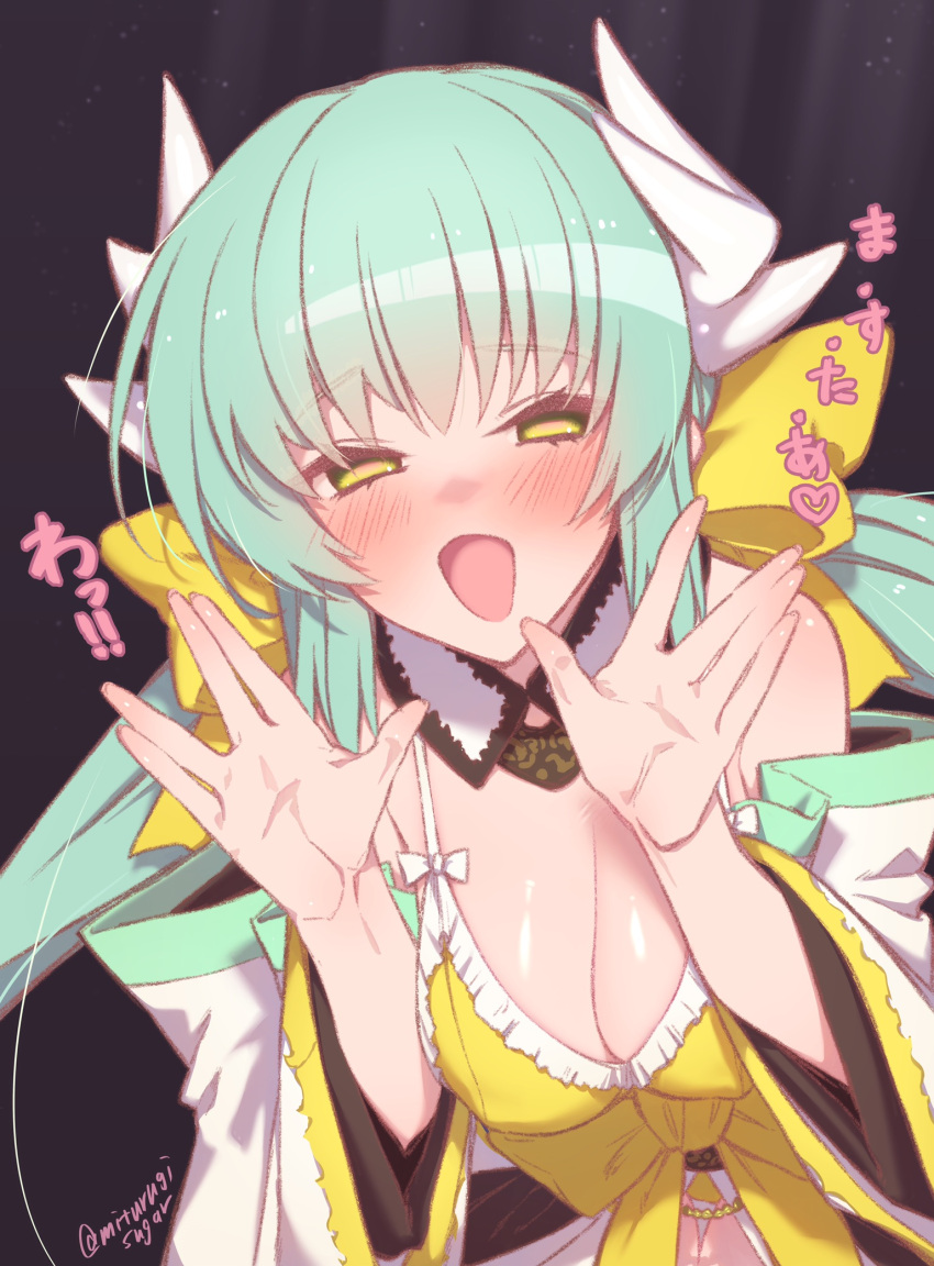 aqua_hair bare_shoulders bikini blush bow breasts cleavage detached_collar dragon_girl dragon_horns fate/grand_order fate_(series) female green_hair hairbow highres horns japanese_clothes kimono kiyohime_(fate) kiyohime_(swimsuit_lancer)_(fate) kiyohime_(swimsuit_lancer)_(first_ascension)_(fate) long_hair long_sleeves looking_at_viewer medium_breasts mitsurugi_sugar multiple_horns off_shoulder open_mouth smile solo swimsuit thighs translation_request white_kimono wide_sleeves yellow_bikini yellow_bow yellow_eyes