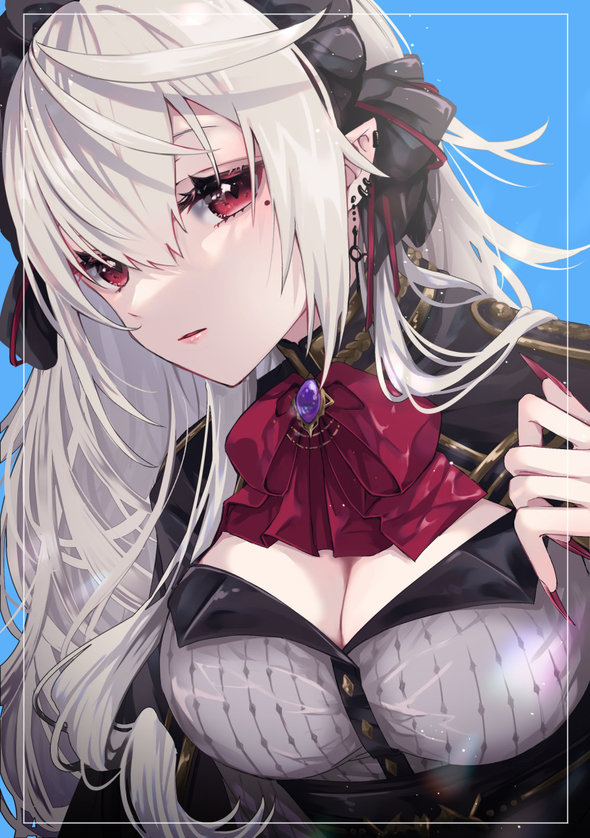 absurdres black_skirt border breasts cleavage clothes_lift ear_piercing fangs female fingernails frilled_hairband frills gem genderswap_(mtf) hair_between_eyes hair_ribbon hairband highres kuzuha_(nijisanji) large_breasts long_fingernails long_hair looking_at_viewer mole mole_under_eye nail_polish nam nijisanji parted_lips piercing pointy_ears purple_gemstone red_eyes red_nails ribbon rule_63 sanya_(kuzuha) sharp_fingernails sitting skirt skirt_lift solo upper_body vampire very_long_hair virtual_youtuber wavy_hair white_hair window