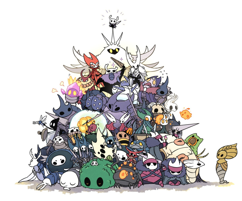 6+boys 6+girls arthropod_boy arthropod_girl bee black_skin broken_vessel_(hollow_knight) bug collector_(hollow_knight) colored_skin cracked_mask crystal crystal_guardian_(hollow_knight) elder_hu_(hollow_knight) extra_arms false_knight_(hollow_knight) flukemarm_(hollow_knight) flying flying_sweatdrops fuifui galien_(hollow_knight) god_tamer_(hollow_knight) godseeker_(hollow_knight) gorb_(hollow_knight) grey_cloak grimm_(hollow_knight) gruz_mother_(hollow_knight) highres hive_knight_(hollow_knight) holding holding_paintbrush holding_shield holding_weapon hollow_eyes hollow_knight horned_mask hornet_(hollow_knight) insect_wings jar jellyfish knight_(hollow_knight) mandibles mantis_girl mantis_lord_(hollow_knight) markoth_(hollow_knight) marmu_(hollow_knight) mask massive_moss_charger_(hollow_knight) mato_(hollow_knight) multiple_boys multiple_girls multiple_others nail_(hollow_knight) no_eyes_(hollow_knight) nosk_(hollow_knight) oblobble_(hollow_knight) orange_eyes oro_(hollow_knight) paintbrush pure_vessel radiance_(hollow_knight) sheo_(hollow_knight) shield siblings sisters sleeping sly_(hollow_knight) soul_master_(hollow_knight) sparkle sweat tiso traitor_lord_(hollow_knight) uumuu_(hollow_knight) watcher_knight_(hollow_knight) weapon white_background white_defender_(hollow_knight) wings xero_(hollow_knight) yellow_eyes zote