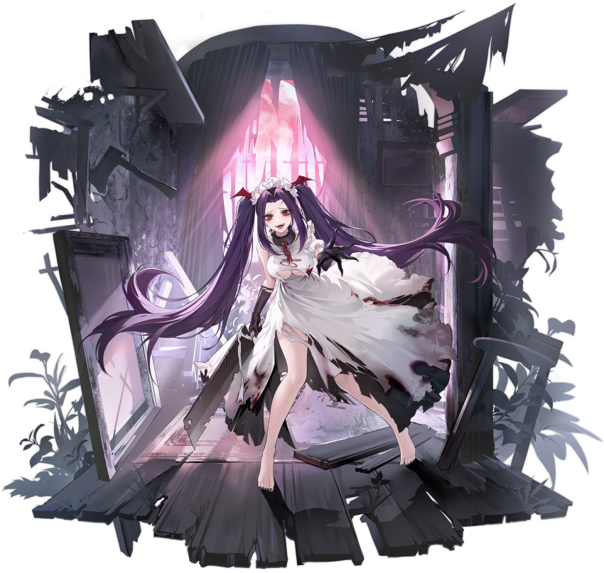 adventure_galley_(azur_lane) adventure_galley_(carnival_under_the_blood_moon)_(azur_lane) alpha_transparency artist_request azur_lane barefoot black_gloves blood blood_on_clothes breasts broken broken_chain chains collar dress female full_body gloves highres holding holding_weapon indoors large_breasts long_hair looking_at_viewer mirror official_alternate_costume official_art outstretched_arm purple_hair reaching reaching_towards_viewer red_eyes smile solo torn_clothes torn_dress transparent_background twintails very_long_hair weapon white_dress