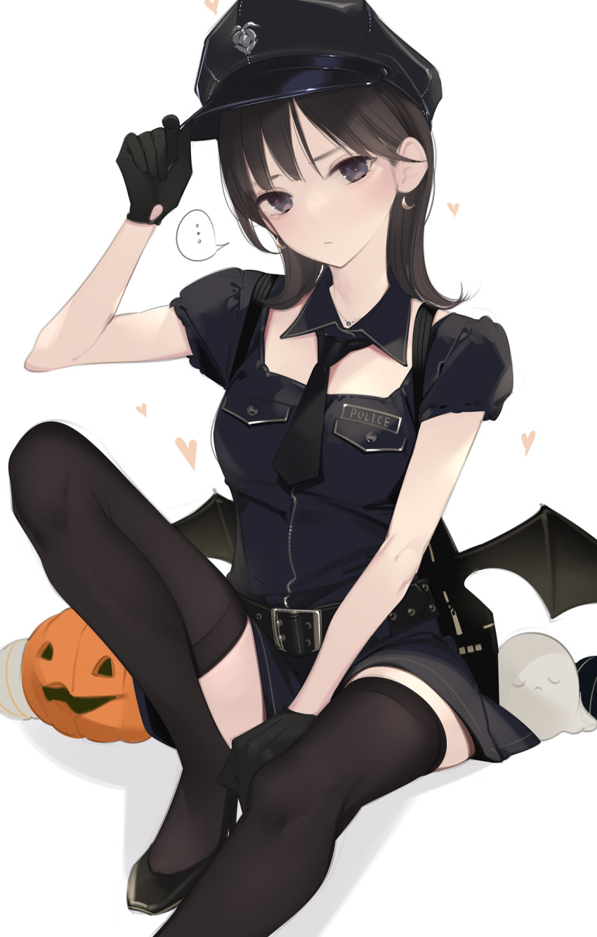 adjusting_clothes adjusting_headwear ama_mitsuki bat_wings belt black_footwear black_gloves black_shirt black_skirt black_thighhighs blush brown_eyes brown_hair closed_mouth crescent crescent_earrings earrings female female_service_cap foot_out_of_frame gloves halloween halloween_costume hat high_heels highres jack-o'-lantern jewelry knee_up legs looking_at_viewer low_wings medium_hair necklace necktie original pencil_skirt police police_hat police_uniform policewoman pumpkin shirt short_sleeves sitting skirt solo thighhighs toe_cleavage uniform wings