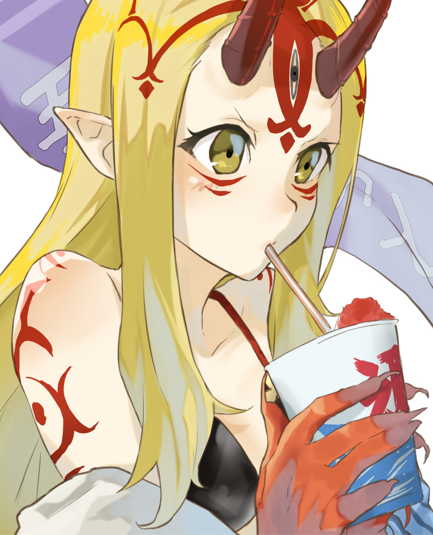 absurdres bare_shoulders bikini black_bikini blonde_hair blue_kimono breasts collarbone colored_extremities colored_skin commentary_request cup drinking drinking_straw facial_mark fate/grand_order fate_(series) female food forehead forehead_mark gradient_skin hair_pulled_back highres horns ibaraki_douji_(fate) ibaraki_douji_(swimsuit_lancer)_(fate) ibaraki_douji_(swimsuit_lancer)_(first_ascension)_(fate) japanese_clothes kimono long_hair long_sleeves mitsurugi_sugar off_shoulder oni oni_horns red_skin shaved_ice small_breasts solo swimsuit tattoo yellow_eyes