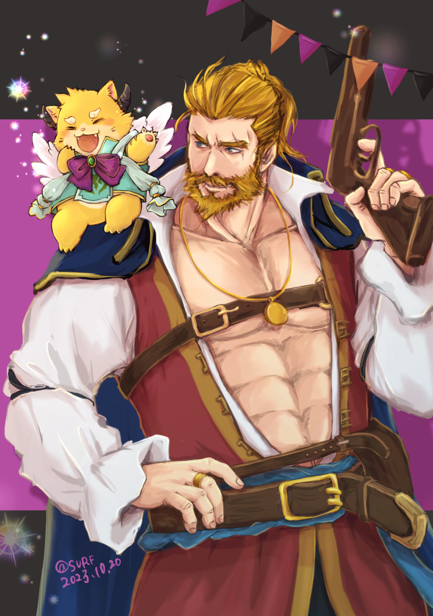 2boys abs absurdres angel_wings bara beard bergamond_(crave_saga) chest_belt coat coat_on_shoulders collared_shirt cowboy_shot crave_saga eyebrow_cut facial_hair full_beard furry furry_male gold_necklace gun highres holding holding_gun holding_weapon jewelry large_belt large_pectorals leather_belt long_hair looking_to_the_side male_focus mature_male moustache multiple_boys muscular muscular_male necklace open_clothes open_coat orto_(crave_saga) pectoral_cleavage pectorals pirate ponytail safu_(maimai3737) shirt smile stomach thick_eyebrows thick_mustache turning_head weapon weapon_request wings yellow_fur