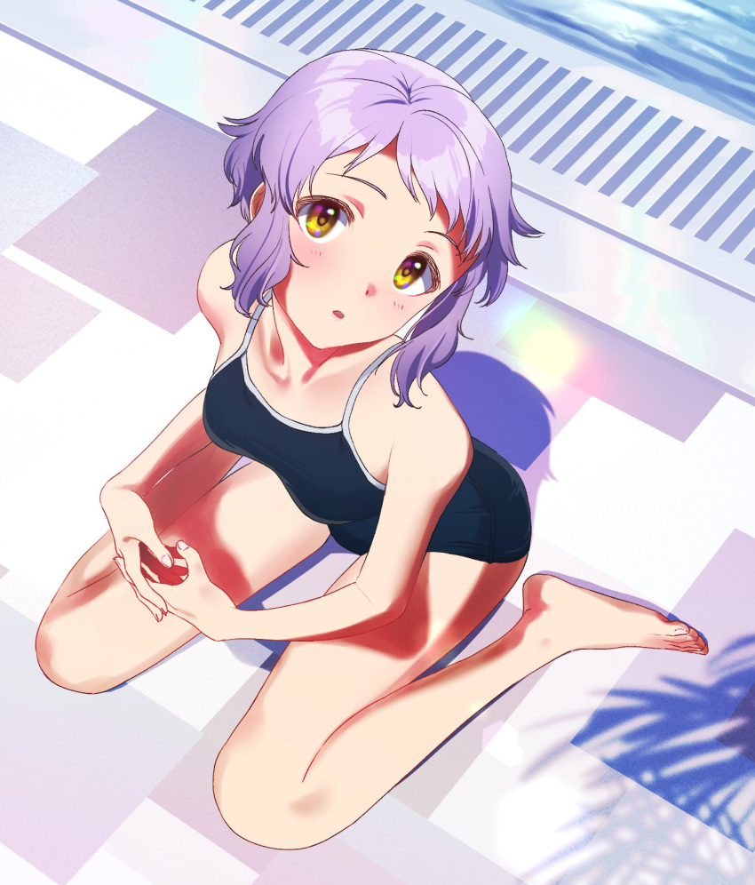 bare_legs barefoot blue_one-piece_swimsuit breasts commentary day feet female from_above highres idolmaster idolmaster_million_live! interlocked_fingers legs light_blush looking_at_viewer makabe_mizuki omitsu on_floor one-piece_swimsuit outdoors parted_lips poolside purple_hair school_swimsuit shadow short_hair sidelocks sitting small_breasts solo swimsuit tile_floor tiles toenails toes wariza water wavy_hair yellow_eyes