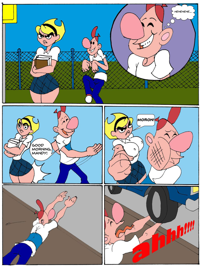 1boy 1girls 2010s 2017 4_fingers 5_panel_comic aged_up ass_slap big_breasts big_nose billy_(billy_and_mandy) black_text blonde_hair blue_bottomwear blue_pants blue_shirt blue_skirt blue_topwear breasts buenos_dias_mandy butt_slap caglioro3666 car cartoon_network comic duo english female holding_book light-skinned_female light-skinned_male male mandy_(billy_and_mandy) meme nipple_outline older pink_nose punch red_hat red_headwear red_text screaming skirt striped_shirt striped_topwear text the_grim_adventures_of_billy_and_mandy thought_bubble translated two_tone_topwear two_tone_topwear_(blueandwhite) white_sclera white_shirt white_speech_bubble white_thought_bubble white_topwear wide_hips