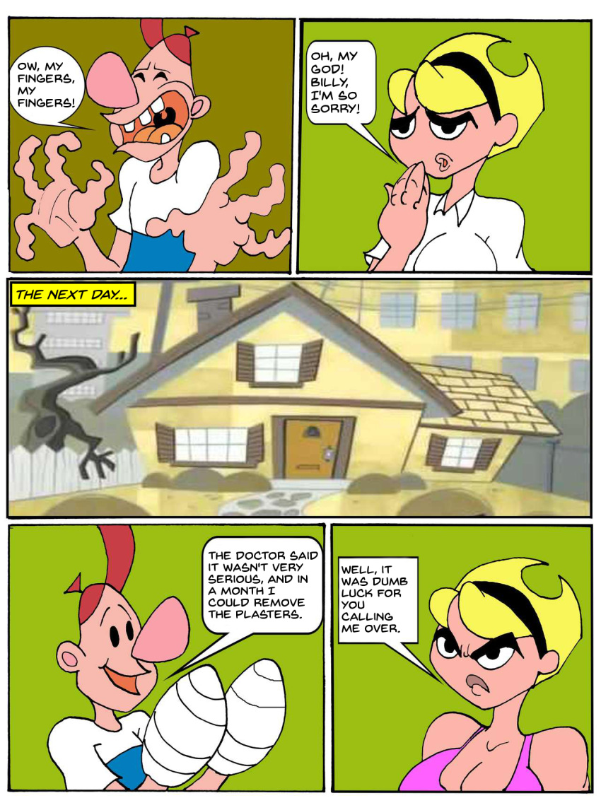 1boy 1girls aged_up bandages big_breasts billy billy_(billy_and_mandy) breasts broken_fingers buenos_dias_mandy caglioro3666 cartoon_network cleavage comic dialogue english english_text female male mandy mandy_(billy_and_mandy) older the_grim_adventures_of_billy_and_mandy translated