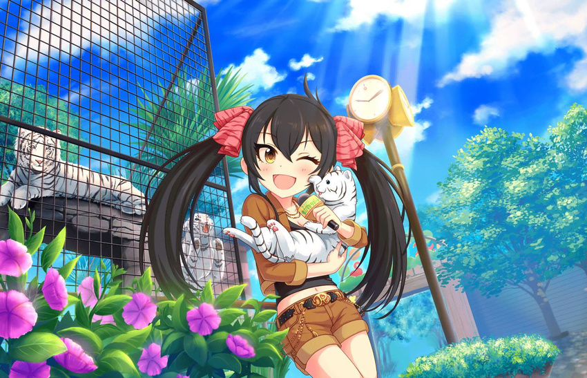 ;d animal artist_request black_hair blush cage female flower hair_ribbon idolmaster idolmaster_cinderella_girls idolmaster_cinderella_girls_starlight_stage jewelry long_hair matoba_risa microphone midriff navel official_art one_eye_closed open_mouth outdoors petunia_(flower) purple_flower ribbon shorts sleeves_rolled_up smile tiger twintails white_tiger yellow_eyes