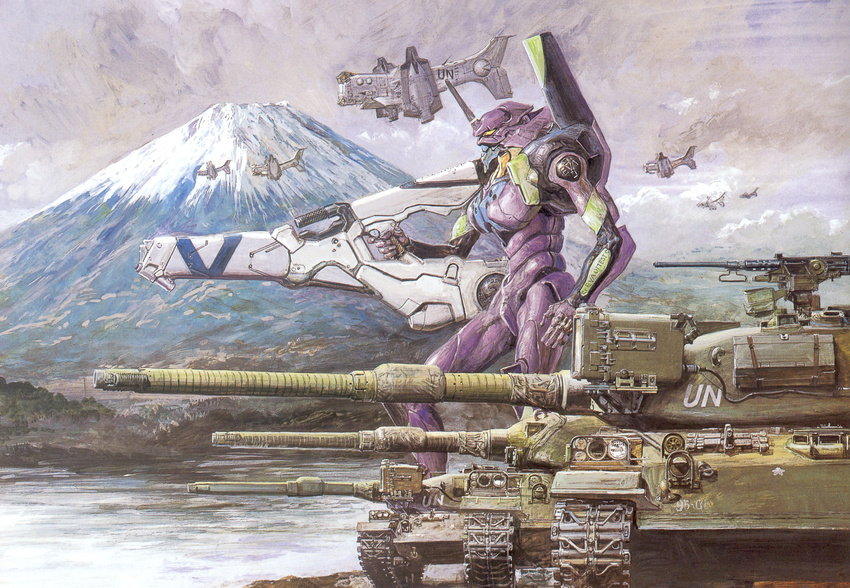 absurdres eva_01 fuji gun highres machine_gun mecha military military_vehicle mount_fuji mountain neon_genesis_evangelion takani_yoshiyuki tank vehicle weapon