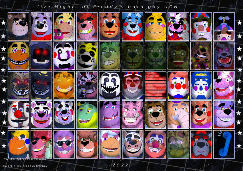 ambiguous_gender animatronic anthro avian balloon_boy_(fnaf) ballora_(fnafsl) beak bear beard beaver bird black_body black_fur black_nose black_sclera bonnie_(fnaf) bow_tie brown_body brown_fur buckteeth canid canine chica_(fnaf) chicken circus_baby_(fnaf) clothing clown_makeup clown_nose cupcake_(fnaf) digital_media_(artwork) el_chip_(fnaf) elephant elephantid english_text ennard_(fnafsl) exposed_endoskeleton eye_patch eyebrows eyewear faceless facial_hair five_nights_at_freddy's five_nights_at_freddy's_2 five_nights_at_freddy's_3 five_nights_at_freddy's_4 fox foxy_(fnaf) freddy_(fnaf) freddy_fazbear's_pizzeria_simulator freddynsfwgay front_view frown funtime_chica_(fnaf) funtime_foxy_(fnafsl) funtime_freddy_(fnafsl) fur galliform gallus_(genus) glowing glowing_eyes gold_(metal) gold_tooth green_body green_eyes green_fur group hair happy_frog_(fnaf) hat head_tuft headgear headwear helpy_(fnaf) human humanoid jack-o-chica_(fnaf) jj_(fnaf) lagomorph lefty_(fnaf) leporid long_ears looking_at_viewer machine male mammal mangle_(fnaf) marionette_(fnaf) molten_freddy_(fnaf) mr._hippo_(fnaf) muscular muscular_male music_man_(fnaf) nedd_bear_(fnaf) nightmare_(fnaf) nightmare_balloon_boy_(fnaf) nightmare_bonnie_(fnaf) nightmare_foxy_(fnaf) nightmare_fredbear_(fnaf) nightmare_freddy_(fnaf) nightmare_mangle_(fnaf) nightmarionne_(fnaf) old_man_consequences_(fnaf) open_mouth orville_elephant_(fnaf) phantom_freddy_(fnaf) phantom_mangle_(fnaf) phasianid phone_guy_(fnaf) pigpatch_(fnaf) pink_eyes pink_hair portrait proboscidean purple_body purple_hair rabbit red_body red_fur red_tongue robot robot_humanoid rockstar_bonnie_(fnaf) rockstar_chica_(fnaf) rockstar_foxy_(fnaf) rockstar_freddy_(fnaf) rodent rosy_cheeks rule_63 scottgames scrap_baby_(fnaf) scraptrap_(fnaf) sharp_teeth simple_background sister_location smile sombrero springtrap_(fnaf) sunglasses teeth text thick_eyebrows tongue toy_bonnie_(fnaf) toy_chica_(fnaf) toy_freddy_(fnaf) trunk tuft tusks ursine watermark whiskers white_body white_fur withered_bonnie_(fnaf) withered_chica_(fnaf) withered_golden_freddy_(fnaf) yellow_body yellow_fur