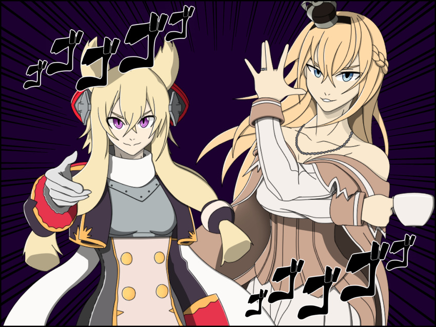 2girls azur_lane blonde_hair blue_eyes braid commentary crossed_bangs crossover crown cup dress en_go_(kuro_nigiri) english_commentary half_up_braid highres historical_name_connection jewelry jojo_no_kimyou_na_bouken jojo_pose kantai_collection long_sleeves looking_at_viewer meme menacing_(jojo) mini_crown multiple_girls name_connection necklace off-shoulder_dress off_shoulder ornate_ring pose purple_eyes ring teacup warspite_(azur_lane) warspite_(kancolle) wedding_ring