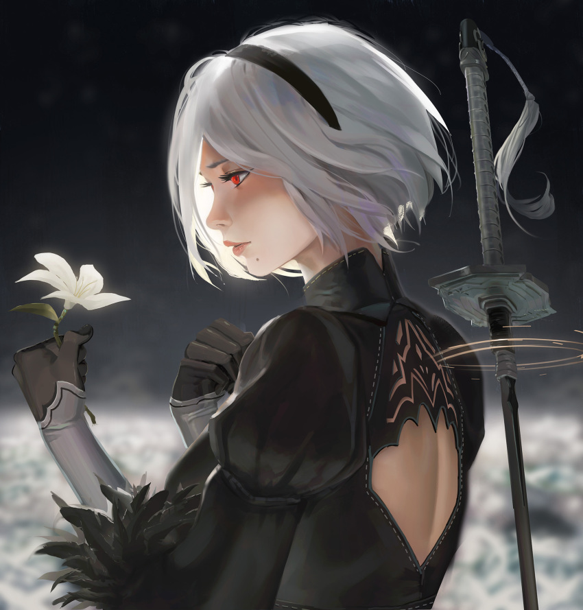 2b_(nier:automata) back_cutout black_dress black_gloves blurry blurry_background clothing_cutout dress female flower from_side gloves hairband hands_up highres holding holding_flower juliet_sleeves katana long_sleeves lunar_tear mole mole_under_mouth nier:automata nier_(series) no_blindfold photoshop_(medium) profile puffy_sleeves rayxray red_eyes short_hair smile solo sword upper_body weapon weapon_on_back white_flower white_hair