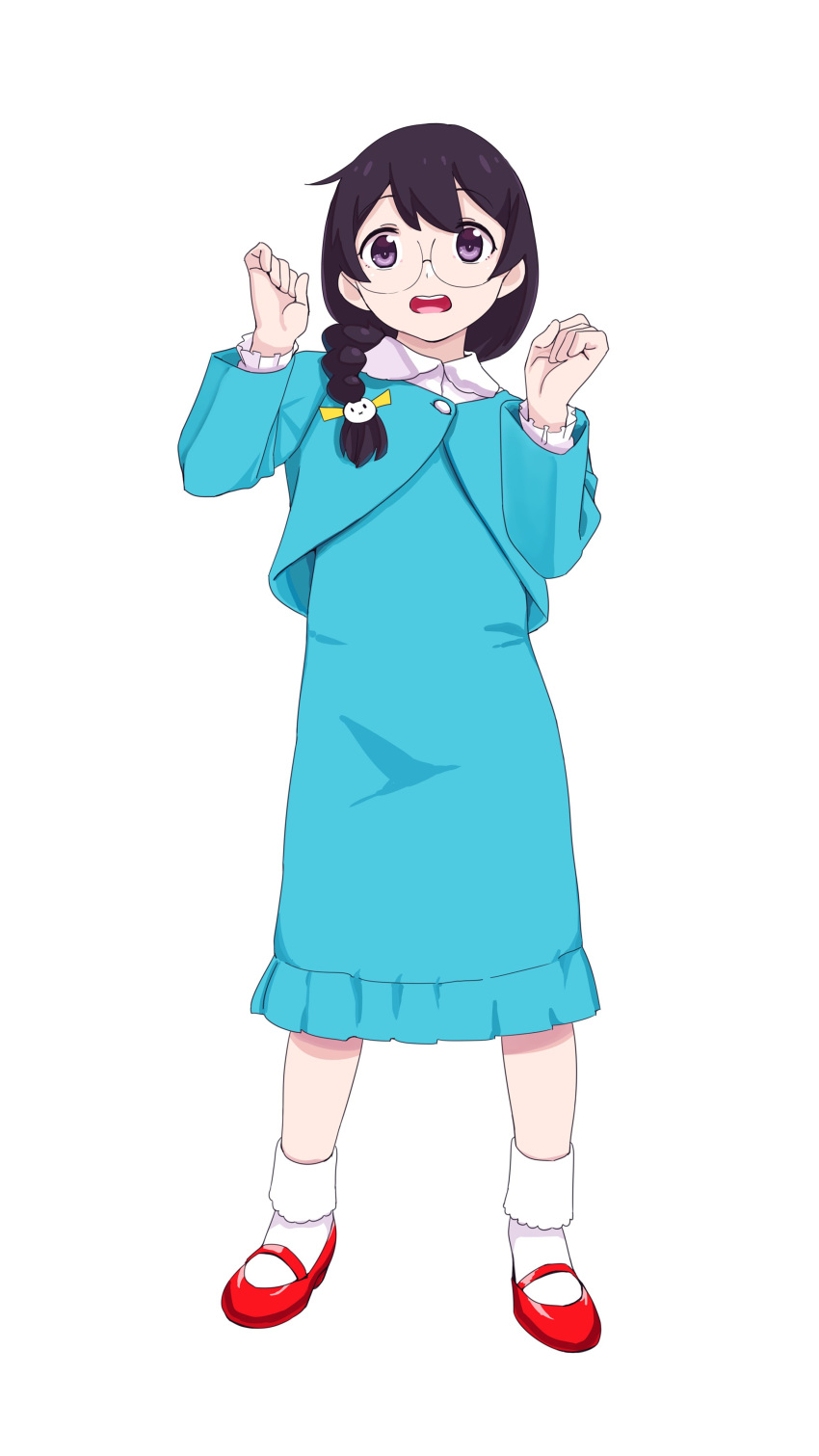 absurdres aged_down bad_id bad_twitter_id black_hair blue_dress braid cat_hair_ornament dress female full_body glasses hair_ornament hair_over_shoulder hanekawa_tsubasa highres jacket kabukimonogatari looking_at_viewer mary_janes monogatari_(series) ojipon open_clothes open_jacket purple_eyes red_footwear shoes simple_background single_braid socks solo white_background white_socks