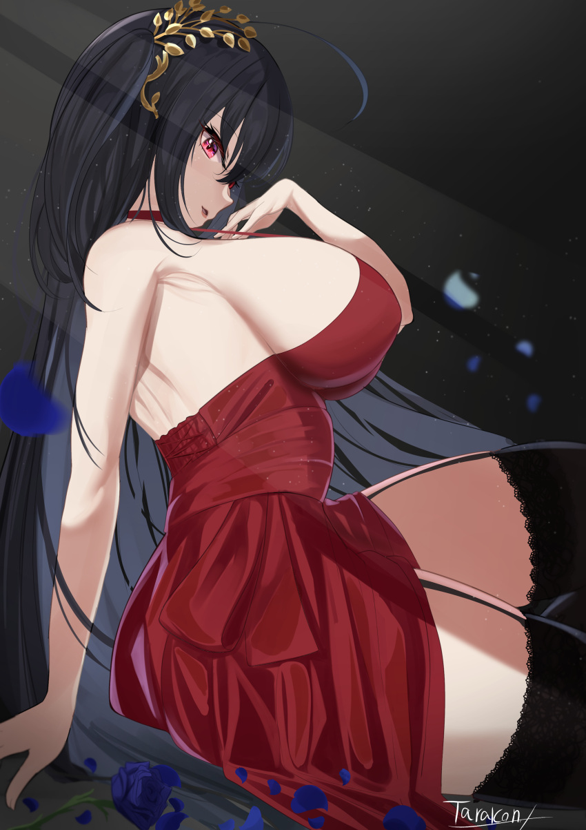 absurdres ahoge azur_lane bare_shoulders black_hair blue_flower blue_petals breasts cocktail_dress dress female flower garter_straps hair_ornament highres large_breasts looking_at_viewer official_alternate_costume parted_lips red_eyes sideboob sleeveless sleeveless_dress solo taihou_(azur_lane) taihou_(forbidden_feast)_(azur_lane) tarakon