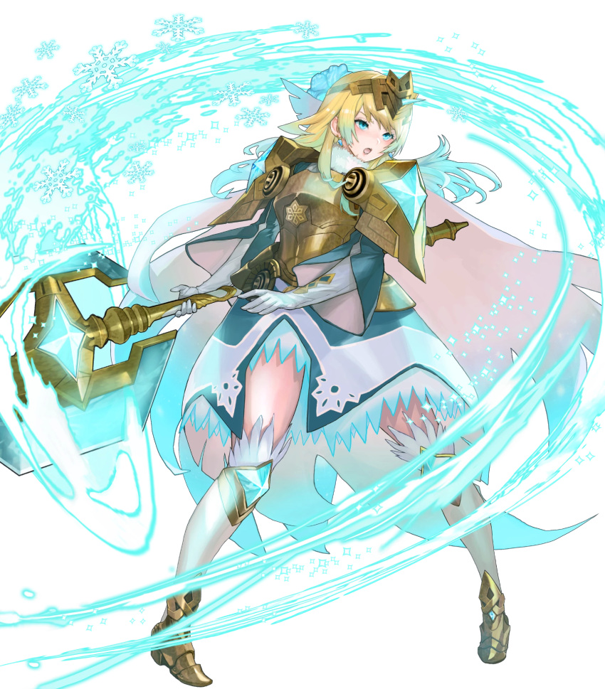 armor armored_boots armored_dress axe battle_axe blonde_hair blue_eyes blue_hair boots breastplate cape dress earrings feather_trim female fire_emblem fire_emblem_heroes fjorm_(fire_emblem) fjorm_(ice_ascendant)_(fire_emblem) full_body fur_trim gloves gradient_clothes gradient_hair highres holding holding_weapon jewelry long_sleeves looking_away maeshima_shigeki medium_hair multicolored_hair non-web_source official_alternate_costume official_alternate_hair_length official_alternate_hairstyle official_art open_mouth shoulder_armor snowflakes solo thighhighs tiara transparent_background two-tone_hair weapon zettai_ryouiki