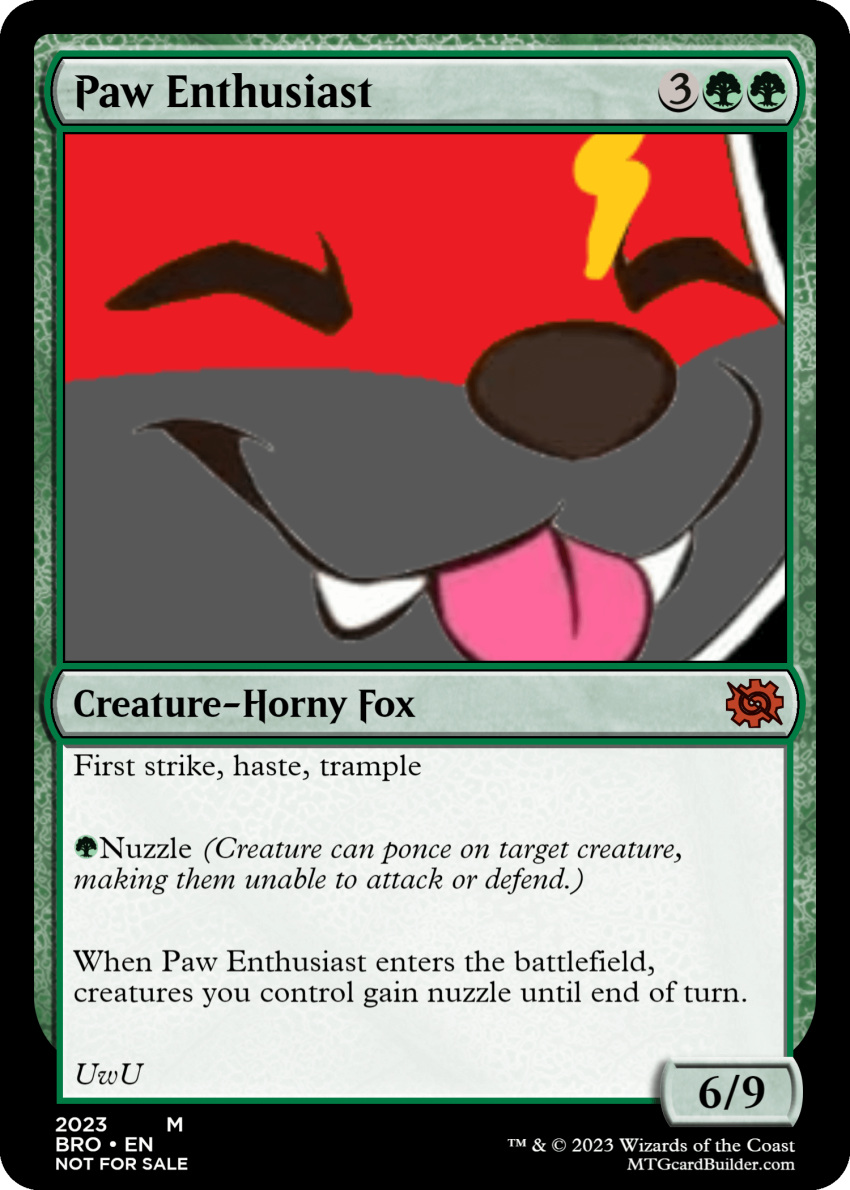 2023 ambiguous_gender anthro aroused black_nose blep blonde_highlights canid canine card_game card_template closed_eyes english_text fox fur gaming grey_body grey_fur hasbro hi_res highlights_(coloring) magic:_the_gathering mammal nuzzles portrait red_body red_fur smile smiling_at_viewer solo text tongue tongue_out trading_card_game trading_card_template url uwu wizards_of_the_coast