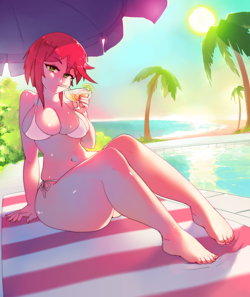 bare_arms bare_legs bare_shoulders barefoot beach beach_towel bikini bikini_top_only breasts cocktail cocktail_glass coconut_tree cup day drink drinking drinking_glass drinking_straw eba_rin feet female food fruit green_eyes highres horizon kimi_no_iru_machi large_breasts lemon lemon_slice looking_at_viewer medium_hair navel ocean outdoors palm_tree poolside red_hair rtil sand sitting solo sunlight swimsuit thick_thighs thighs toes towel tree umbrella water white_bikini