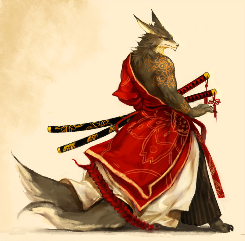 2012 anthro asian_clothing bottomwear canid canine clothed clothing east_asian_clothing fox fully_clothed hakama japanese_clothing kariginu looking_at_viewer male mammal melee_weapon moodraw multi_tail orange_eyes red_bottomwear red_clothing red_hakama simple_background solo sword tail tattoo weapon white_background