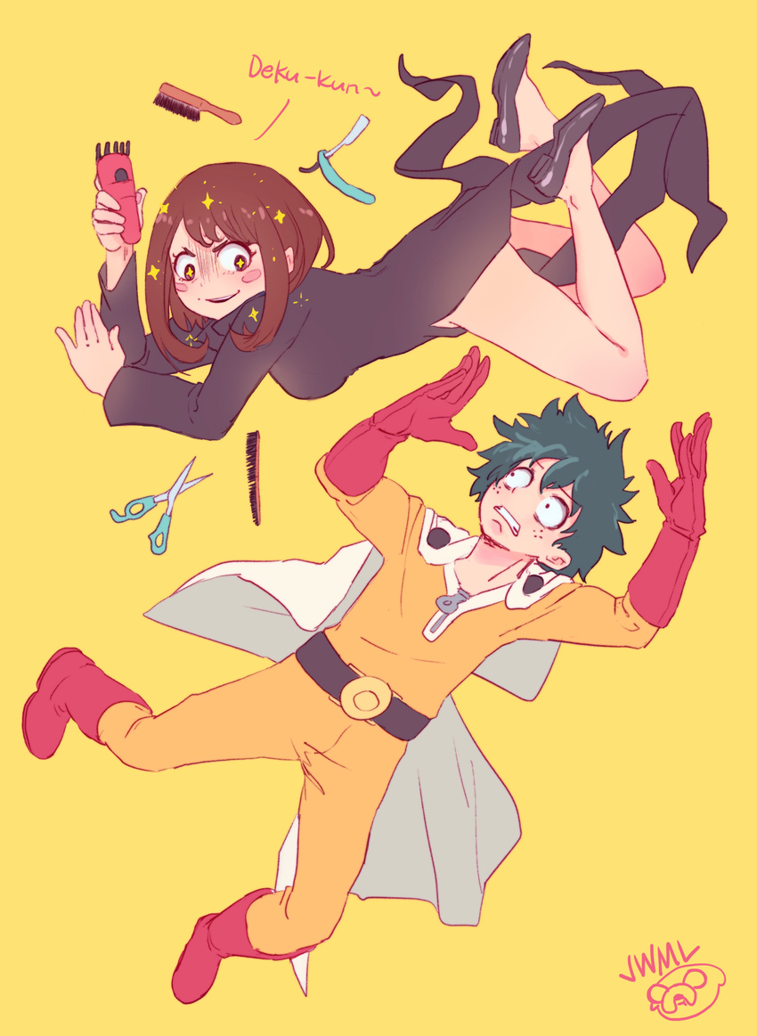 +_+ 1boy absurdres arms_up bare_legs belt black_dress black_footwear blush_stickers bodysuit boku_no_hero_academia boots brown_eyes brown_hair brush cape clenched_teeth comb commentary cosplay dress english_commentary evil_grin evil_smile female floating freckles gloves green_hair grin hair_clipper high_heels highres justin_leyva_(steamy_tomato) long_hair long_sleeves looking_at_another midoriya_izuku one-punch_man photoshop_(medium) razor red_footwear red_gloves saitama_(one-punch_man) saitama_(one-punch_man)_(cosplay) sanpaku scissors signature simple_background smile star-shaped_pupils star_(symbol) straight_razor superhero_costume symbol-shaped_pupils tatsumaki tatsumaki_(cosplay) teeth uraraka_ochako white_cape wide-eyed worried yellow_background yellow_bodysuit