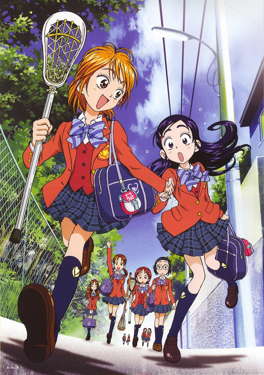 6+girls bag black_hair blazer blue_bow bow brown_eyes brown_jacket futari_wa_precure hair_ornament hairclip highres inagami_akira jacket kubota_shiho lacrosse long_hair misumi_nagisa multiple_girls odajima_yuka official_art orange_hair pleated_skirt precure school_uniform short_hair skirt takashimizu_rina verone_gakuin_school_uniform yukishiro_honoka yuriko_(futari_wa_precure)