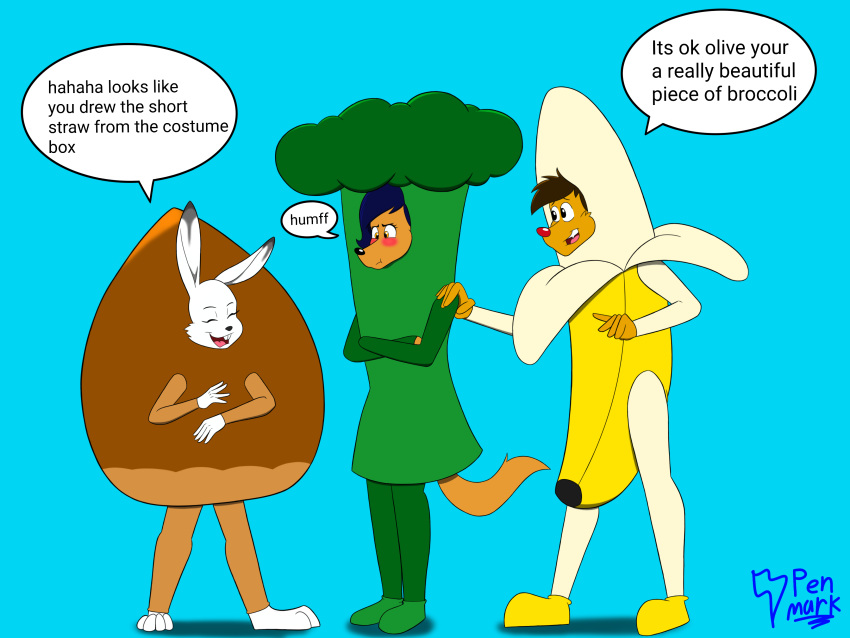 4:3 absurd_res anthro banana banana_costume broccoli broccoli_costume clothing costume english_text female food food_costume fruit group hazel_harriet-taylor hazelnut_costume hi_res lagomorph lemur leporid male mammal mink mustelid musteline olive_(penmark) pen_(penmark) penmark plant primate rabbit strepsirrhine text trio true_musteline vegetable