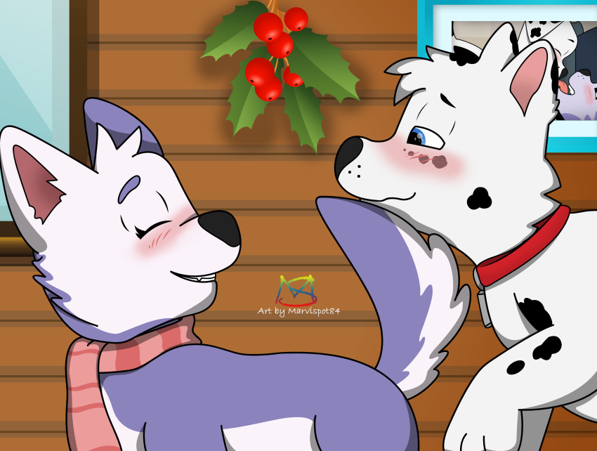 absurd_res accidental_holly blue_eyes blush blush_lines cabin canid canine canis cel_shading christmas christmas_decorations collar dalmatian dalsky_(dalmatian_and_husky) domestic_dog duo fan_character female feral fur hi_res holidays holly_(plant) husky love male mammal markings marvispot84 nordic_sled_dog paw_patrol photo_frame plant purple_body purple_fur sasha_(oc) scarf shaded smile sparkles sparkling_eyes spitz spots spots_(oc_marvispot84) spotted_body spotted_fur tail white_body white_fur window