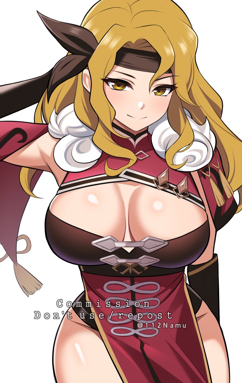 bare_shoulders beidou_(genshin_impact) beidou_(genshin_impact)_(cosplay) blonde_hair breasts brigid_(fire_emblem) chinese_clothes cleavage commentary_request commission cosplay cowboy_shot dress female fire_emblem fire_emblem:_genealogy_of_the_holy_war genshin_impact groin headband highres large_breasts long_hair looking_at_viewer namu_(112namu) red_dress simple_background solo standing white_background yellow_eyes