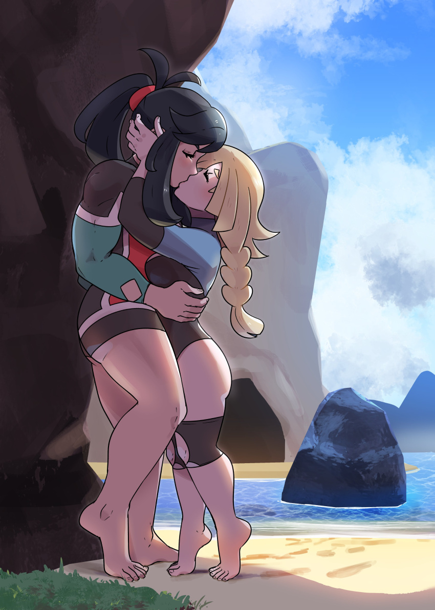 2girls absurdres aged_up alternate_hairstyle alternate_muscle_size ass barefoot beach black_hair blonde_hair braid closed_eyes cloud day grass hand_on_another's_head highres juno_son kissing lillie_(pokemon) multiple_girls muscular muscular_female outdoors pokemon pokemon_sm ponytail scrunchie selene_(pokemon) shadow swimsuit thick_thighs thighs tiptoe_kiss tiptoes toes yuri