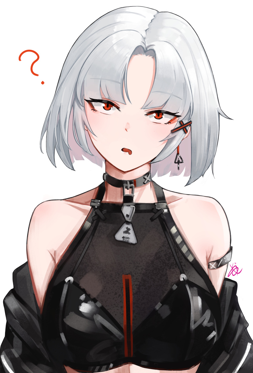 ? absurdres arm_strap bandeau black_bandeau black_choker black_jacket breasts choker commentary drake_(nikke) drake_(villain_racer)_(nikke) drooling earrings english_commentary eyeliner female goddess_of_victory:_nikke grey_hair hair_ornament head_tilt highres jacket jesh_art jewelry looking_at_viewer makeup medium_breasts mouth_drool official_alternate_costume open_clothes open_jacket open_mouth parted_bangs red_eyeliner red_eyes short_hair signature simple_background single_earring solo triangle_earrings upper_body white_background x_hair_ornament