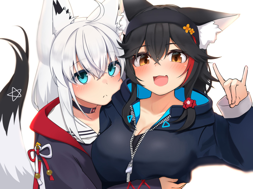 2girls absurdres ahoge alternate_costume animal_ear_fluff animal_ears black_choker blush braid breasts choker cleavage commentary cosplay costume_switch earrings fox_ears fox_girl fox_shadow_puppet fox_tail frown green_eyes hair_between_eyes highres hololive hug jewelry long_hair looking_at_viewer medium_breasts micon multiple_girls oerba_yun_fang ookami_mio ookami_mio_(another_ookami_mio) ookami_mio_(cosplay) open_mouth pentagram shirakami_fubuki shirakami_fubuki_(cosplay) shirakami_fubuki_(loungewear) sidelocks simple_background single_braid skin_fang smile tail virtual_youtuber white_background white_hair wolf_ears wolf_girl