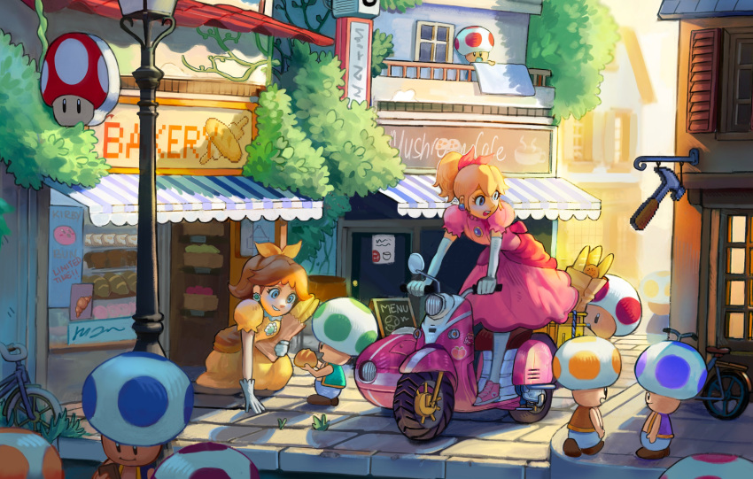 2girls absurdres awning bag baguette bakery bicycle blonde_hair blue_toad_(mario) bow bread brown_hair calilo dress elbow_gloves food gloves green_toad_(mario) hairbow highres kneeling lamppost mario_(series) motor_vehicle multiple_girls on_scooter paper_bag pink_dress ponytail princess_daisy princess_peach puffy_short_sleeves puffy_sleeves red_toad_(mario) road scooter shoes shop short_sleeves sidecar smile sneakers street toad_(mario) vespa white_gloves yellow_dress yellow_toad_(mario)