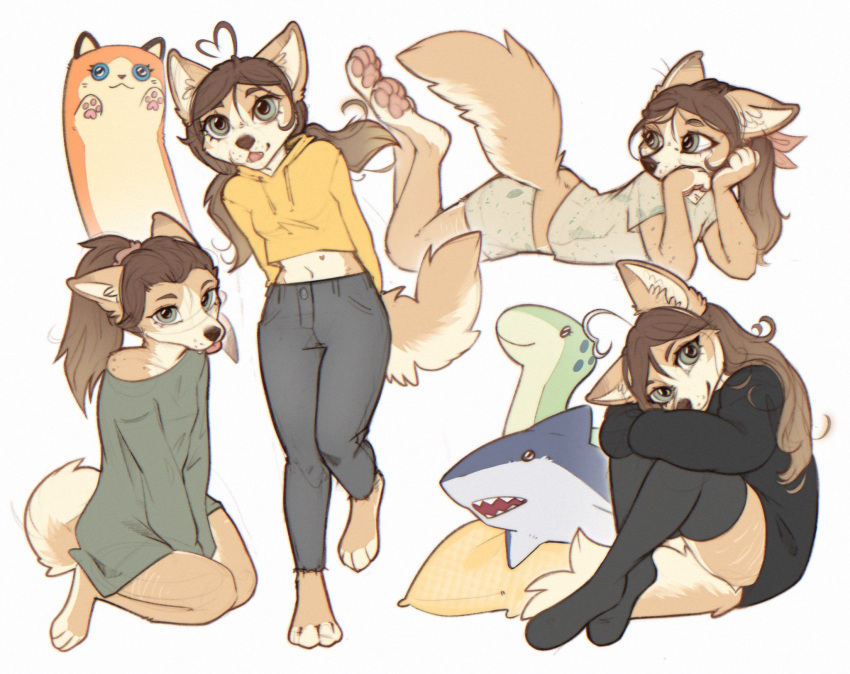 2023 anthro blep brown_hair canid canine canis clothed clothing cotton_(yshanii) countershade_torso countershading digital_media_(artwork) dingo female fully_clothed fur green_eyes hair hi_res legs_up lying mammal midriff multiple_poses on_front pawpads pink_pawpads plushie pose simple_background sitting solo standing tan_body tan_fur tongue tongue_out white_background yshanii