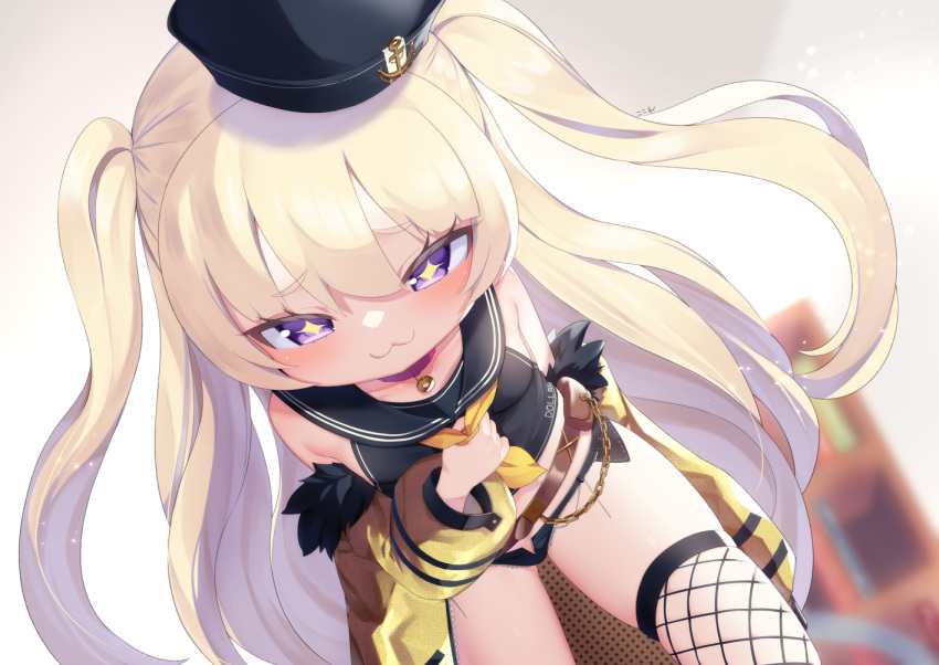 +_+ :3 artist_name azur_lane bache_(azur_lane) bare_shoulders black_headwear black_sailor_collar black_shirt black_shorts blonde_hair blush breasts chains choker closed_mouth commentary_request female fishnet_thighhighs fishnets hair_between_eyes jacket kokone_(coconeeeco) long_hair long_sleeves looking_at_viewer micro_shorts neckerchief off_shoulder open_fly paid_reward_available pendant_choker puffy_long_sleeves puffy_sleeves purple_choker purple_eyes sailor_collar shirt shorts signature single_thighhigh sleeveless sleeveless_shirt small_breasts solo thighhighs two_side_up very_long_hair yellow_jacket yellow_neckerchief